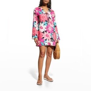 La Blanca Colorful Blooms Floral Lace Up Front Tunic Swim Cover-up Dress XL EUC